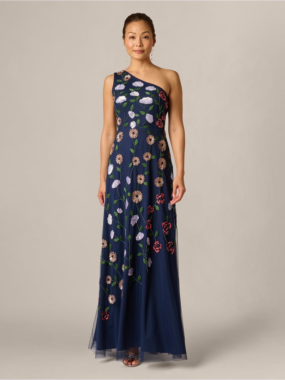 Adrianna Papell Navy Floral Sequin One Shoulder Gown Size 6 NWT GALA MOB Formal - Picture 2 of 15